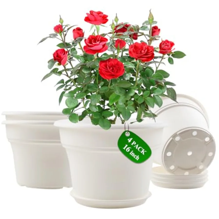 

16-дюймовые пластиковые горшки для комнатных растений, 4 штуки, большие уличные кашпо с дренажными отверстиями, подставками и декоративными элементами из смолы