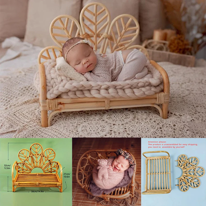 Baby Photography Furniture Hand-woven Rattan Bench Flower Peacock Chair Bed Bamboo Boy Girl Posing Crib Photoshoot Accessories