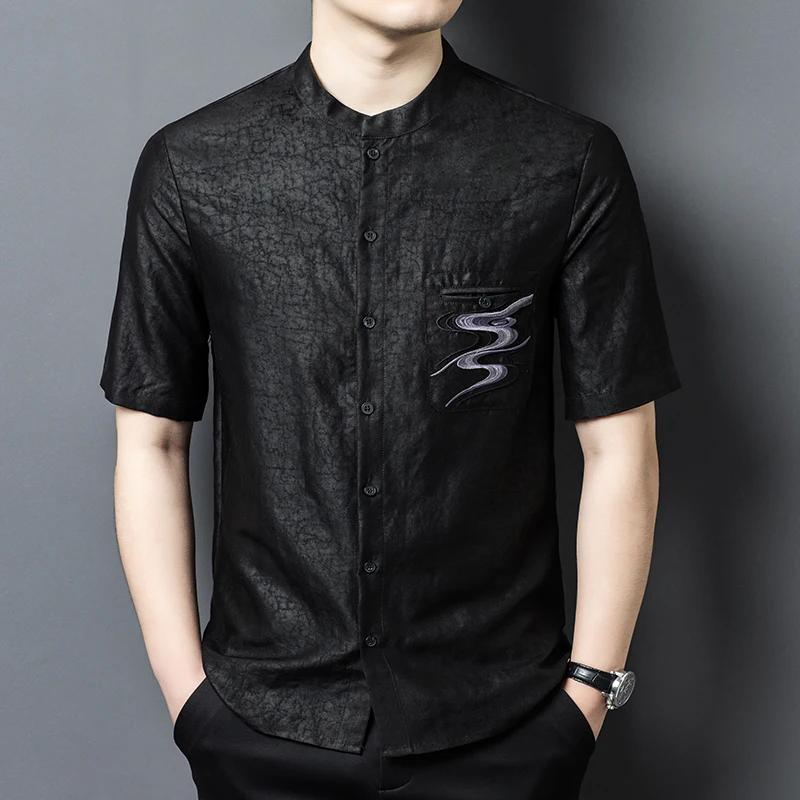 

Embroidery Chinese Style Shirts For Men Short Sleeve Lightweight Summer Quality Silk 100% Breathable Easy Care Camisas De Hombre