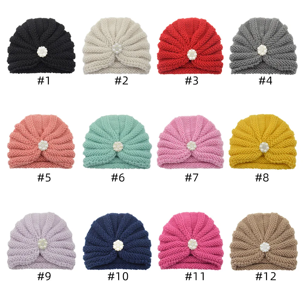 Children Winter Warm Hijab Caps Cute Sweet Pearls Rhinestone Knitted Hats Pullover Caps Soft Thick Ear Warmers Photo Props