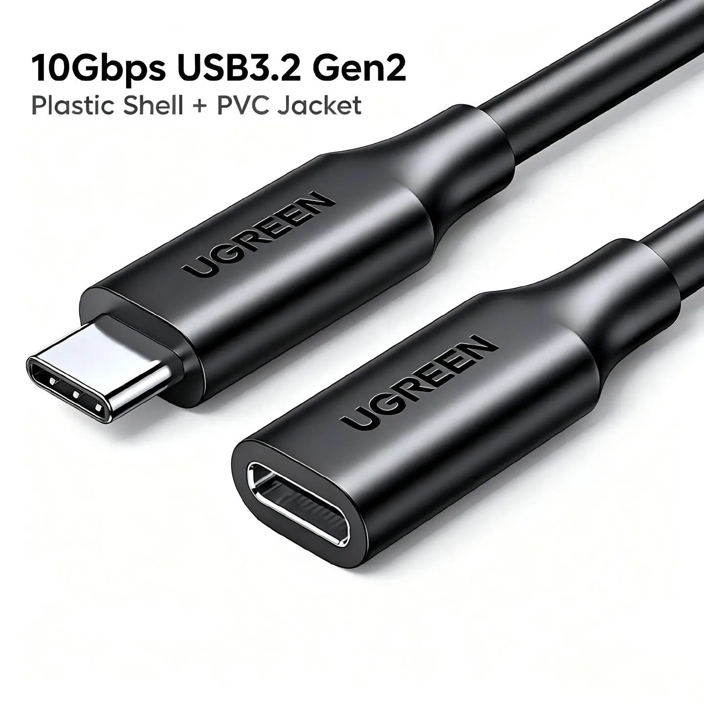 UGREEN USB3.2 Gen2 Type C naar Type C verlengkabel, 10 Gbps datatransmissie, PD100W snelladen, 5A, 4K@60Hz, geschikt voor telefoon, laptop, monitor en harde schijf.