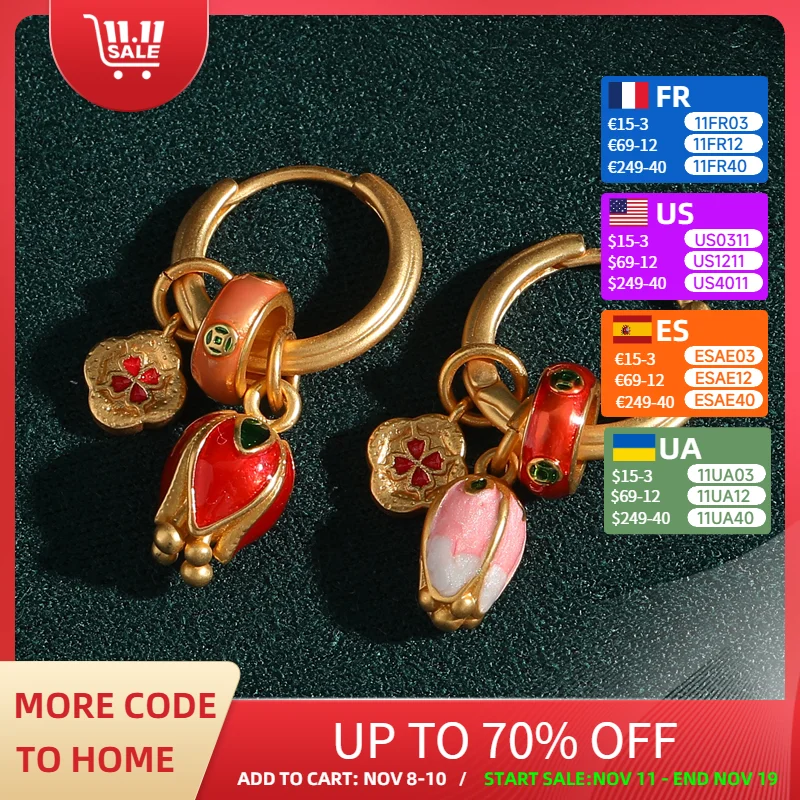 

Vintage Gold Color Enamel Tulip Drop Earring Chinese Style Luxury Jewelry Designer Charms For Woman Accessories Wedding Bridal