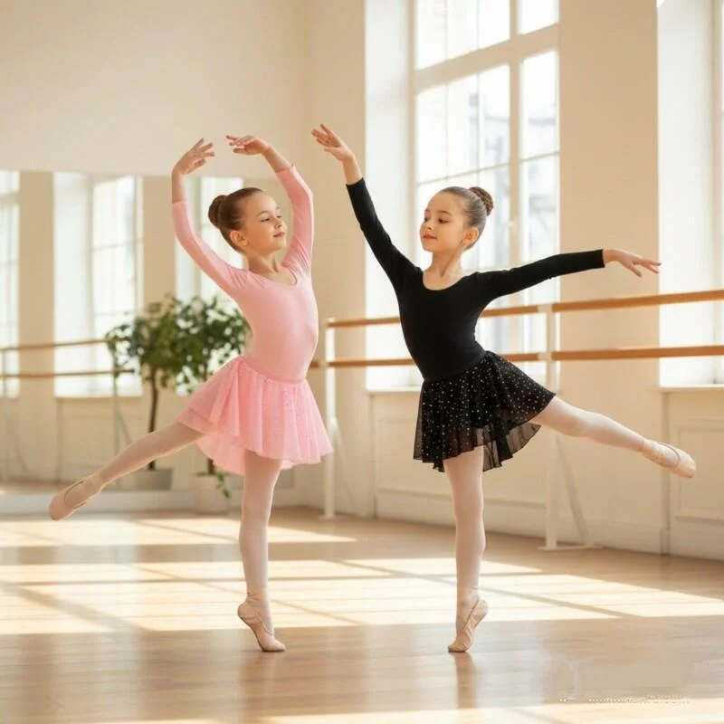 Maillot de Ballet Negro/Rosa de Manga Larga con Cuello Redondo, Espalda Cruzada Hueca y Falda con Lentejuelas Brillantes para Clases de Danza y Actuaciones