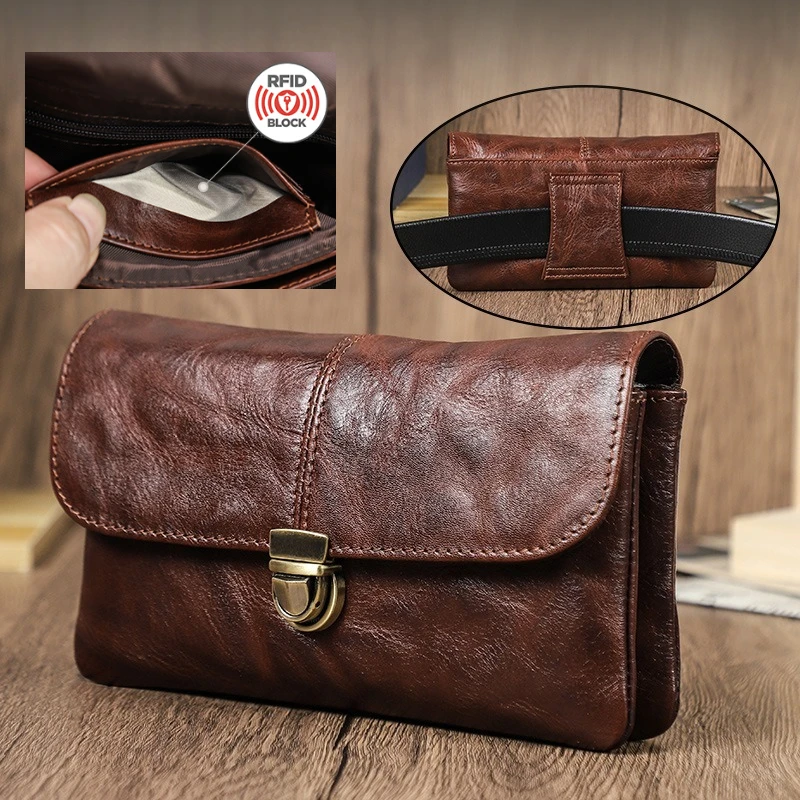 

Genuine Leather Waist Phone Bag for Men RFID Full Grain Leather Fanny Bag Waist Pack 6.9" Phone Pouch for IPhone 16 Pro Max