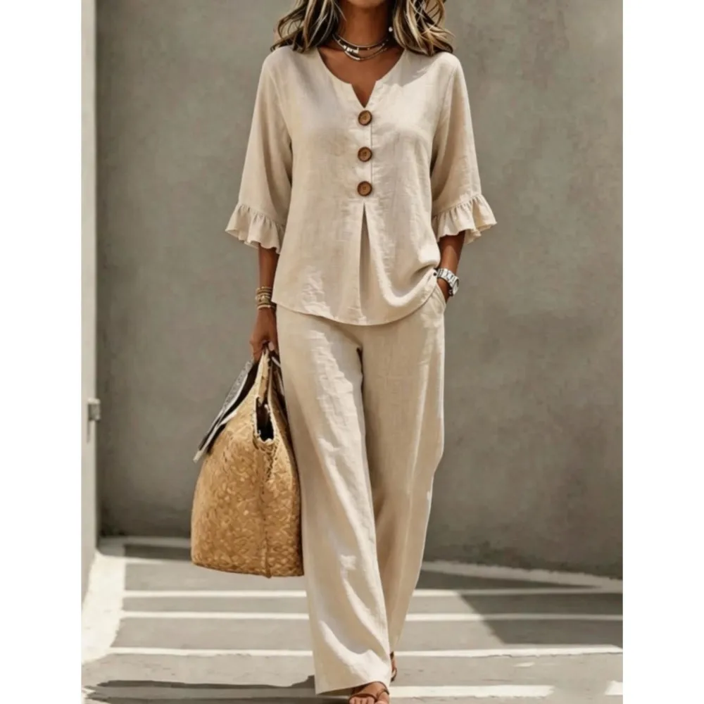 Nouvel ensemble d'été 2 pièces pour femme : T-shirt à col rond boutonné à manches courtes style feuille de lotus et pantalon décontracté à jambes larges avec poches – Idéal pour le bureau