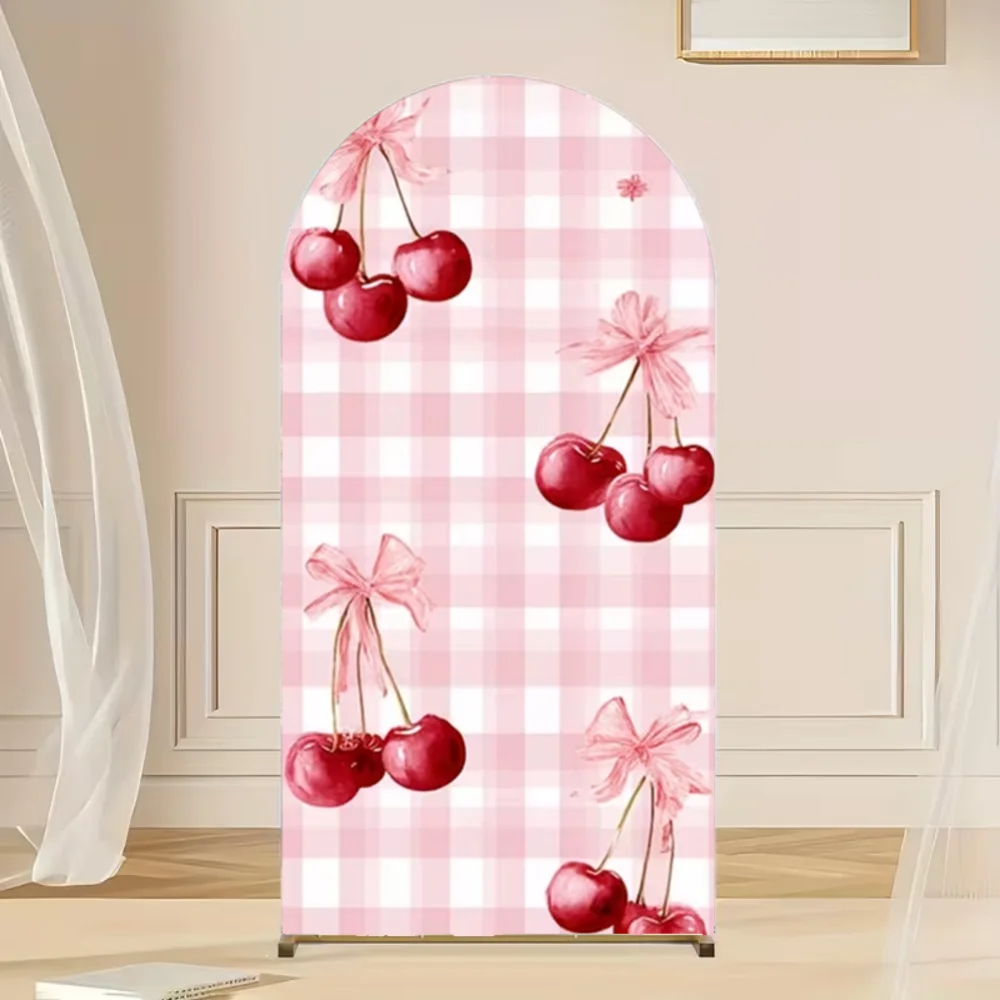 Cherry First Arch Backdrop Cover Girls Birthday Party Baptism Baby Shower Pink Plaids Fiesta Decor 2-sided Background