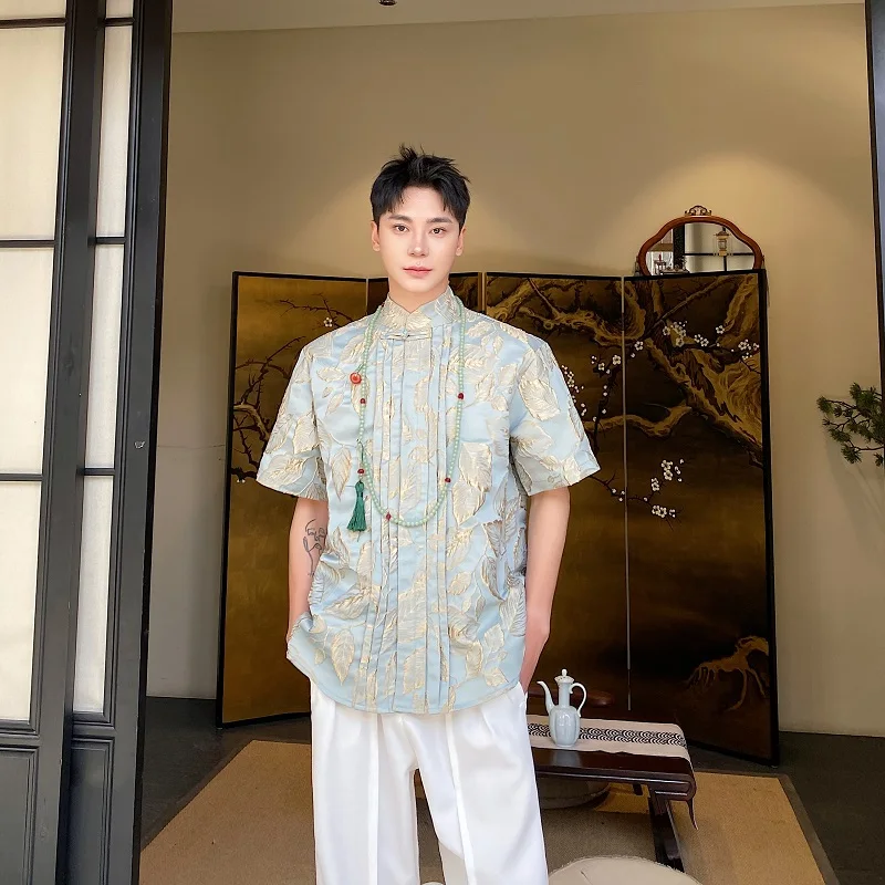 

Summer New Chinese Sle Silk Embroidered ort Sve Stand Collar irt for Men And Women Pleated Design Sense National irt