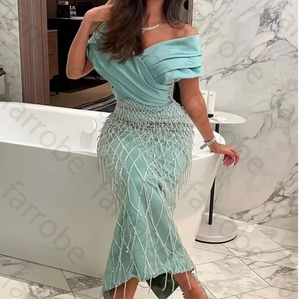 Customized Blue Luxury Beaded Tassel Sequins Mermaid Ankle Length Evening Dress Graduation Women\'s Dresses Elegant Long Woman