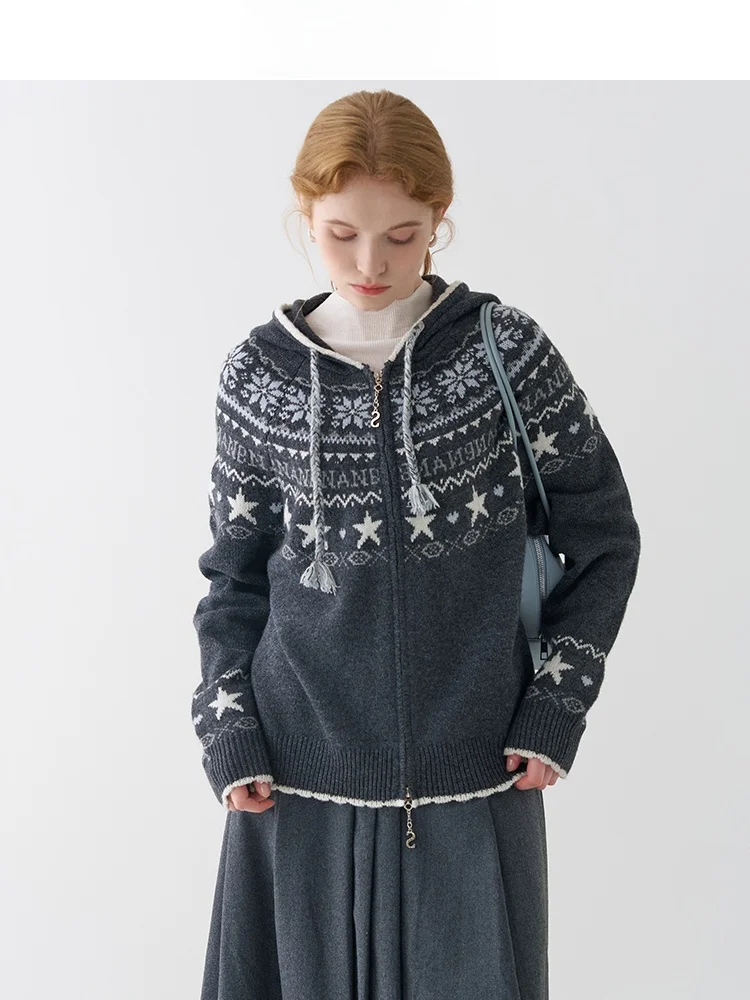 

Ретро-кардиган Jiujiu: женский повседневный утепленный свитер на молнии с капюшоном, осенне-зимнее пальто с цветочным декором из мягкого полиэфирного волокна