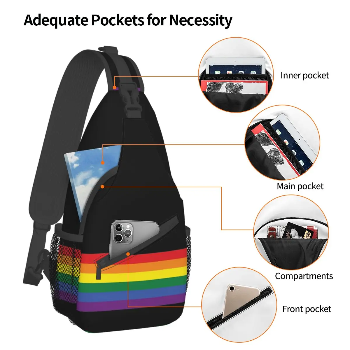 Rainbow Pride LGBT Sling Bag, Chest Crossbody, Initiated Backpack, Travel Hiking Daypacks, Strip Gay, Lesbian Printed Bookbag