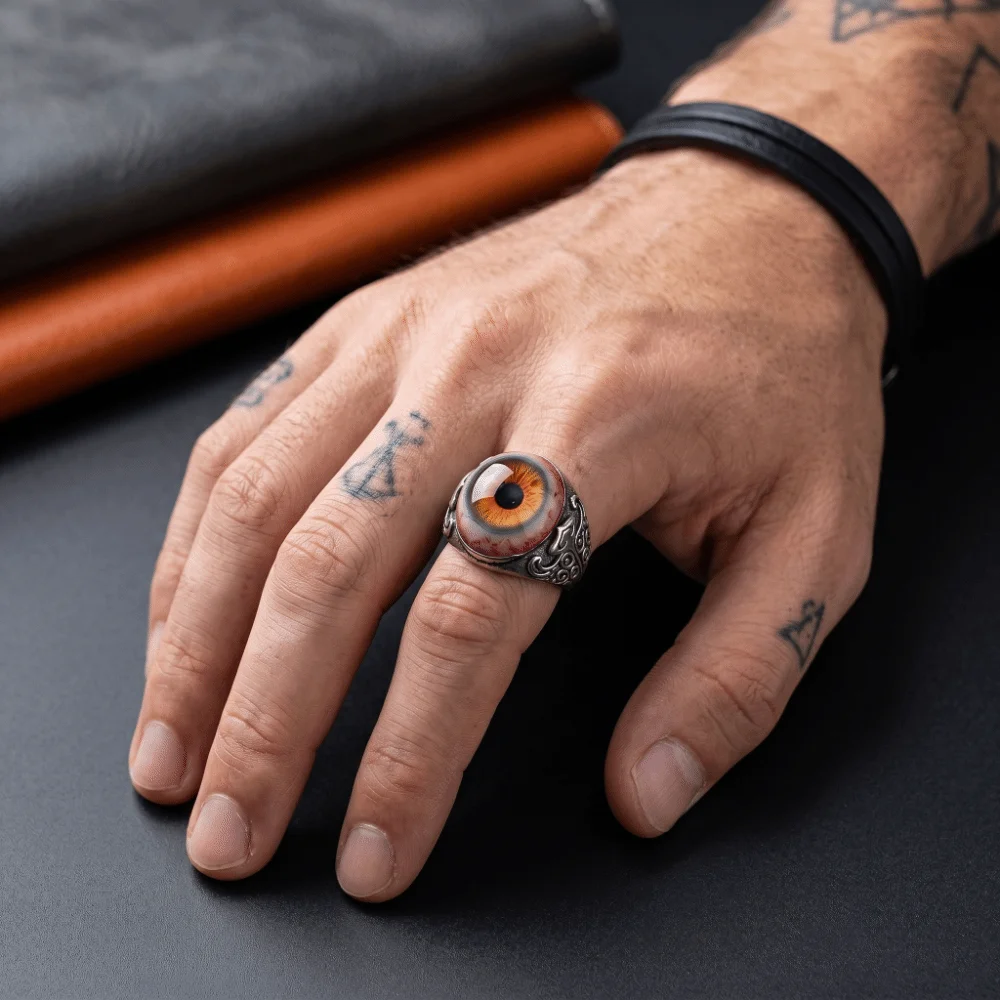 Alloy Realistic Eyeball Rings Resin Dark Lore Adjustable Open Ring Vintage Carving Patterns Realistic Bloodshot Eye Band Ring