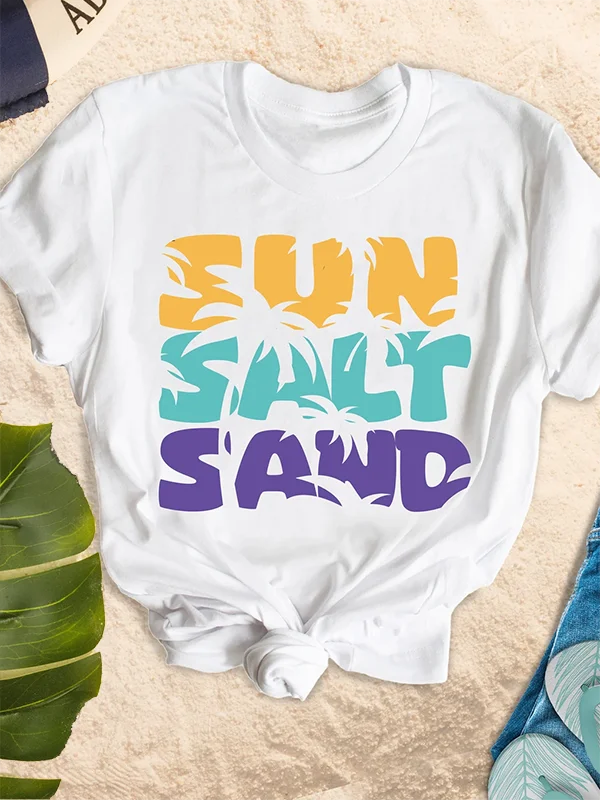 2024 New Beach Party Women T-shirt Sun Salt Sand Slogan Female Casual Shirt Trend Coconut Palm Print Beach Surfing Girl Tee