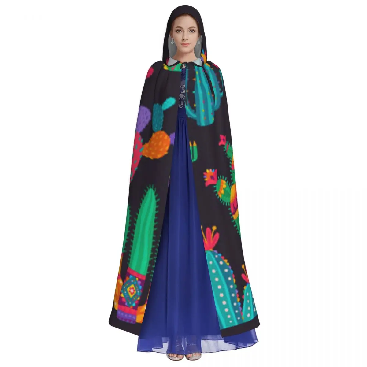 Mexican Cactus Flowers Hooded Cloak Coat Halloween Cosplay Costume Vampire Devil Wizard Cape Gown Party