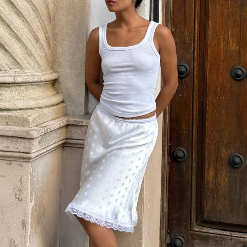 

2026 Summer New Hot Selling Satin Patchwork Lace Polka Dot Thin Style Sexy Design Half Skirt for Women