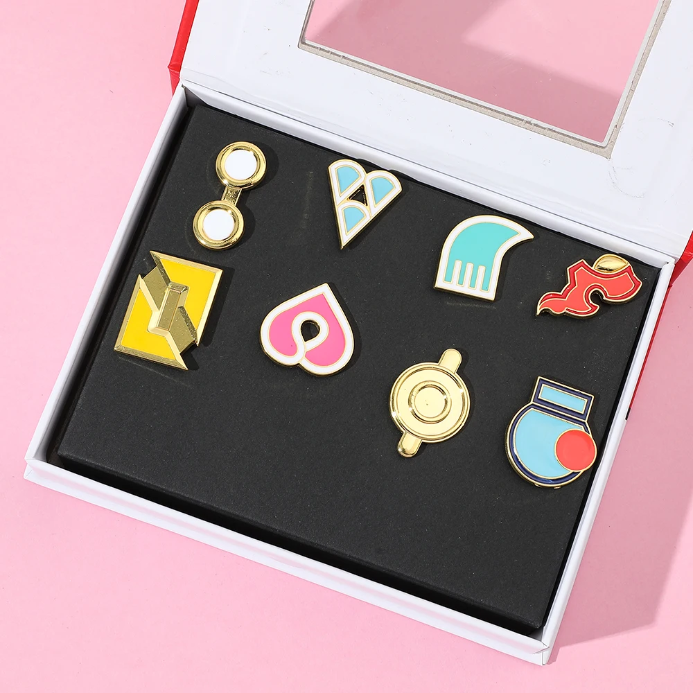 8 Pcs Gym Badges Enamel Pin Set with Gift Box, Cartoon Anime League Lapel Brooches, Collectible Badge Jewelry Gift for Fans