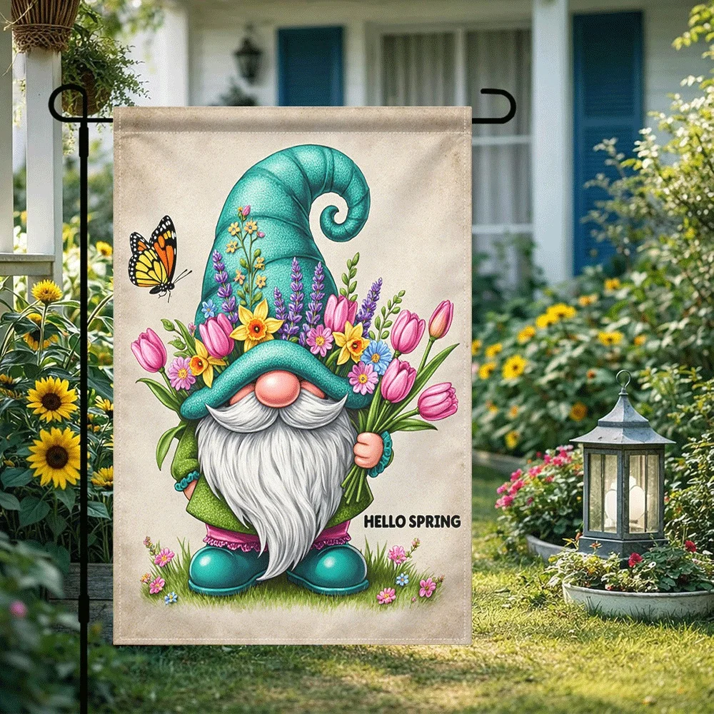 1PC Hello Spring Gnome Garden Flag, Double Sided Floral Gnome Yard Flag with Tulip Daffodil Lavender and Butte