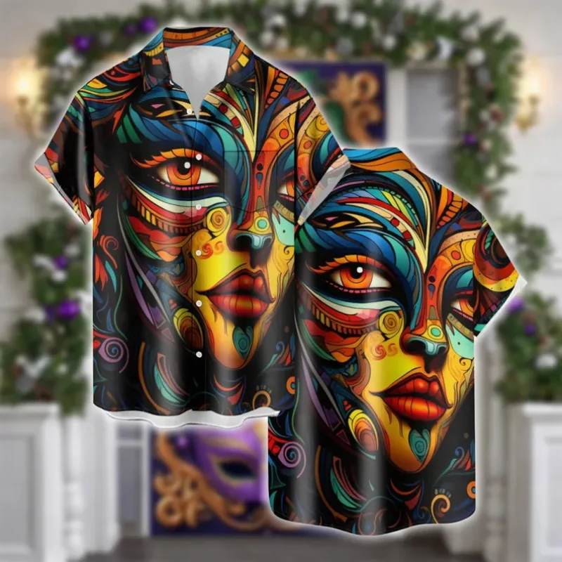 

Гавайская рубашка для мужчин на Марди Гра с ярким принтом масок и лент, костюм для мужчин и женщин на Fat Tuesday, пляжная рубашка с коротким рукавом