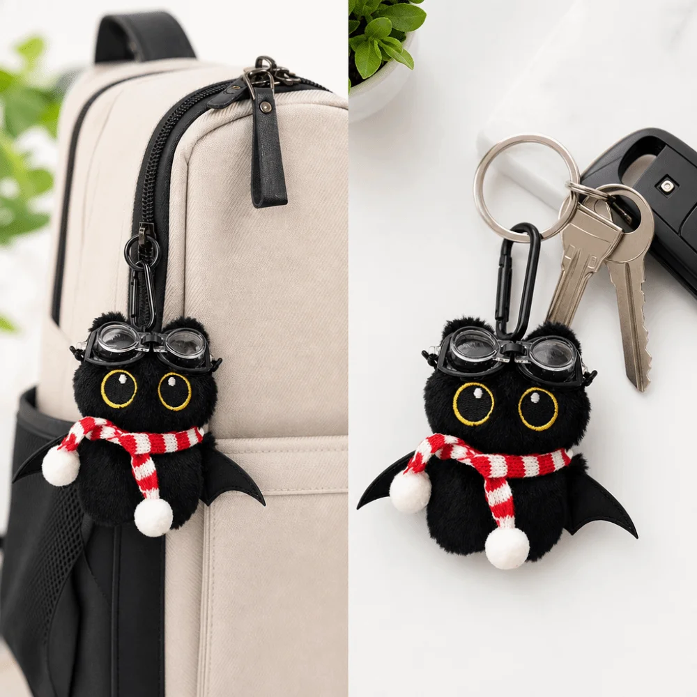 Cute Big Eyes Black Cat Keychain Soft Cartoon Wings Kitten Pendant Mini Little Devil Car Keyring Bag Ornament