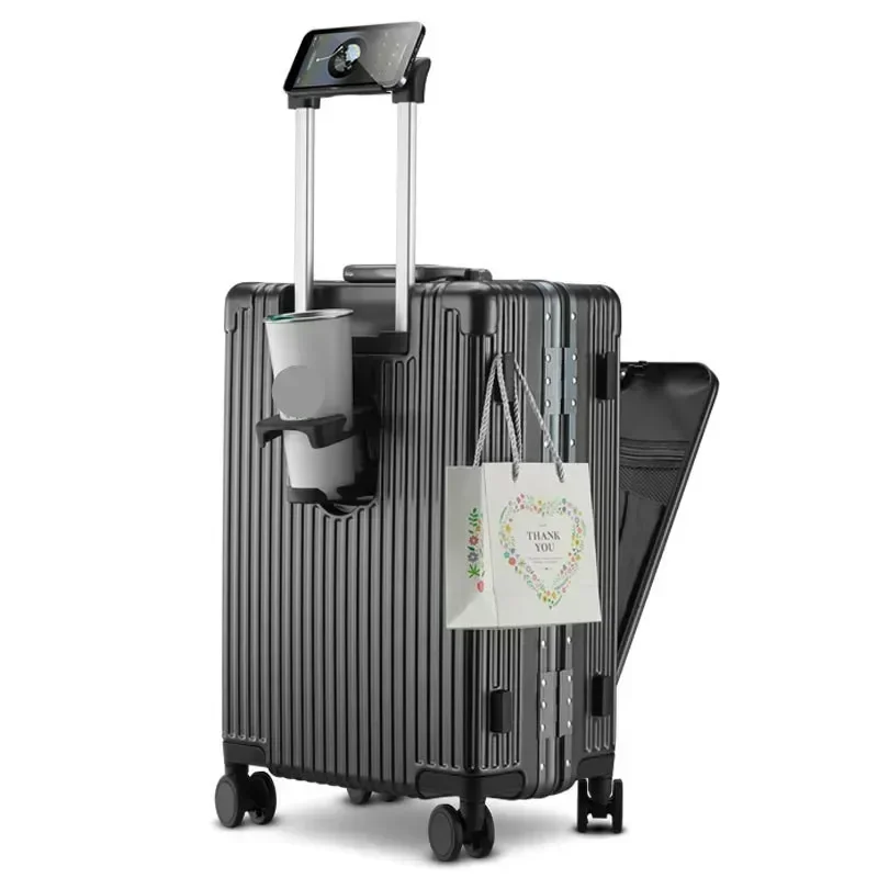 2024 New 18 20 Inch Front Opening Aluminum Frame Rolling Luggage USB Cup Holder Phone Holder Suitcase