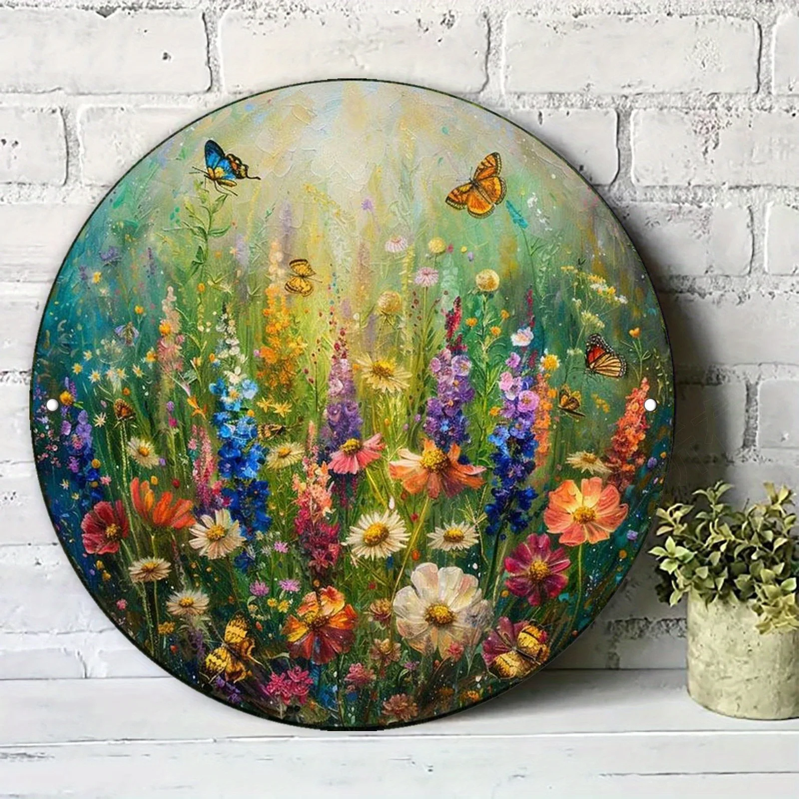2D Flat – Vintage rundes Metall-Wandkunstschild – Schmetterlingstanz unter Blumen, poetische Fantasie, Aluminium-Dekor für Schlafzimmer, Wohnzimmer R