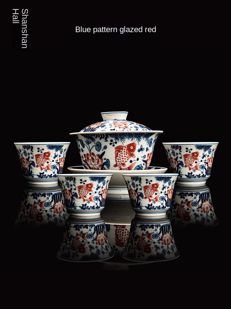 

Ancient Fat Blue and White Glaze Red Set Ceramic Sancai Gaiwan Tea Cup Tea Cup Household Kung Fu Tea Set