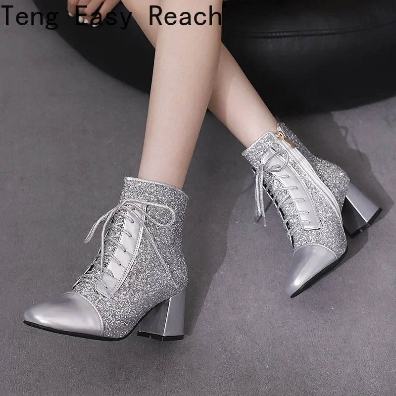 Autumn New Women Chunky High Heels Bling Party Ankle Chelsea Boots Gold Silver Red Black Big Size 34-46