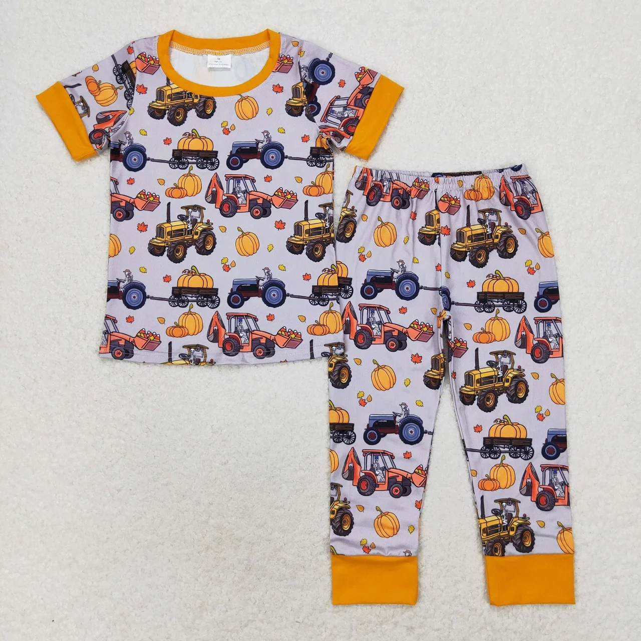 Conjunto de pijamas de Halloween infantil, bebê menino, criança, mangas curtas, tratores, abóbora, doces, camiseta, calças, crianças, infantil, crianças, atacado