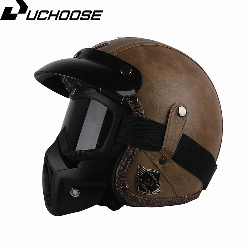 Uchoose Leather Retro Motorcycle Helmet Open Face Helmet Scooter Helmets 3/4 Chopper Casco Moto Vespa Vintage Motocross Helmets