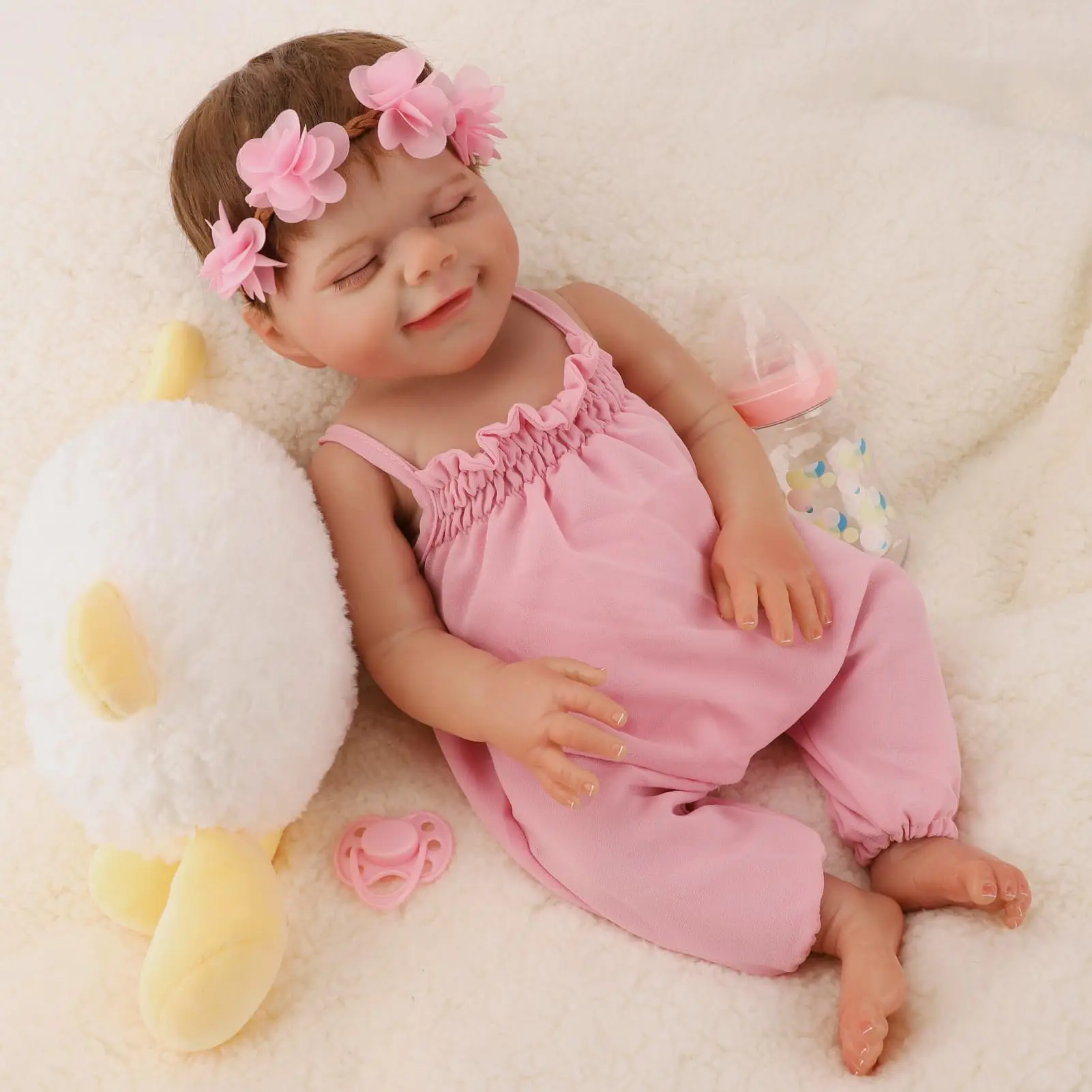 18′′ wiedergeborene Babypuppe mit lächelndem Gesicht, rosa Outfit und Blumen-Stirnband, leiser Schlafausdruck, exquisite Gesichtsmerkmale und Haut,