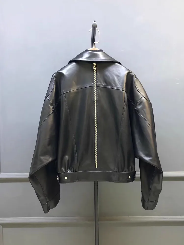 여성용 새 배트윙 슬리브 정품 가죽 짧은 재킷 진짜 양피 턴 다운 칼라 캐주얼 루즈 피트 지퍼 코트 봄 가을