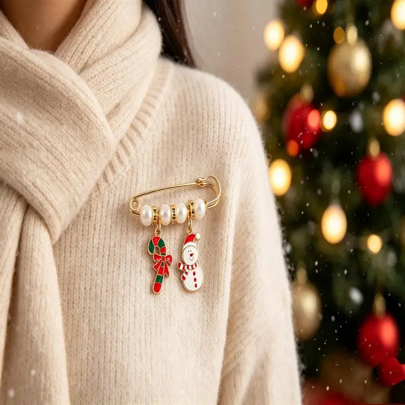 Christmas Pearl Brooch High Quality Alloy Adorable Snowman Sock Flower Lapel Pin for Coat Winter Holiday Gift