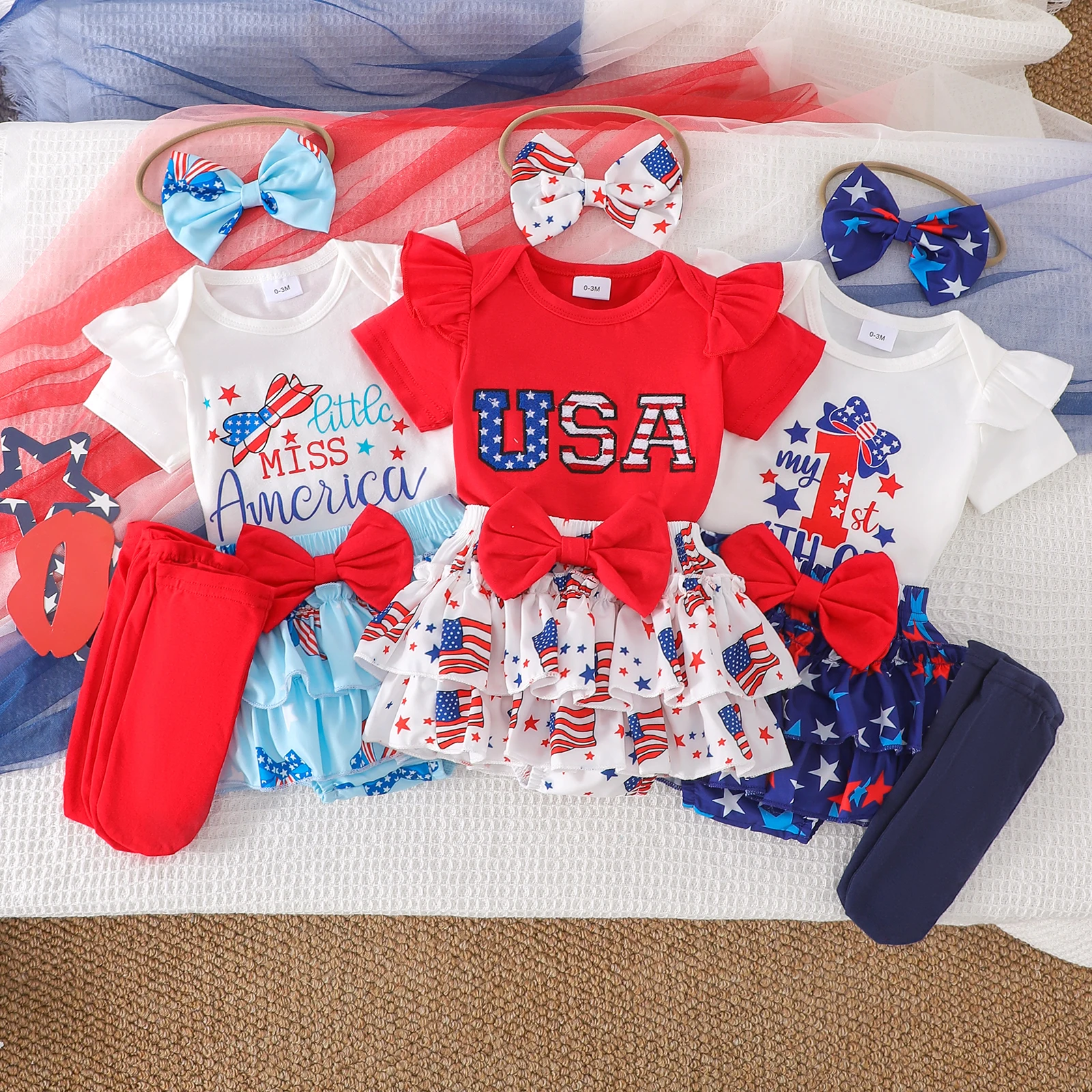 

4PCS Summer New Style For Girls And Babies 0-1 Years Old Sweet And Cute Letter-Printed Short-Sleeved Clothes + Shorts