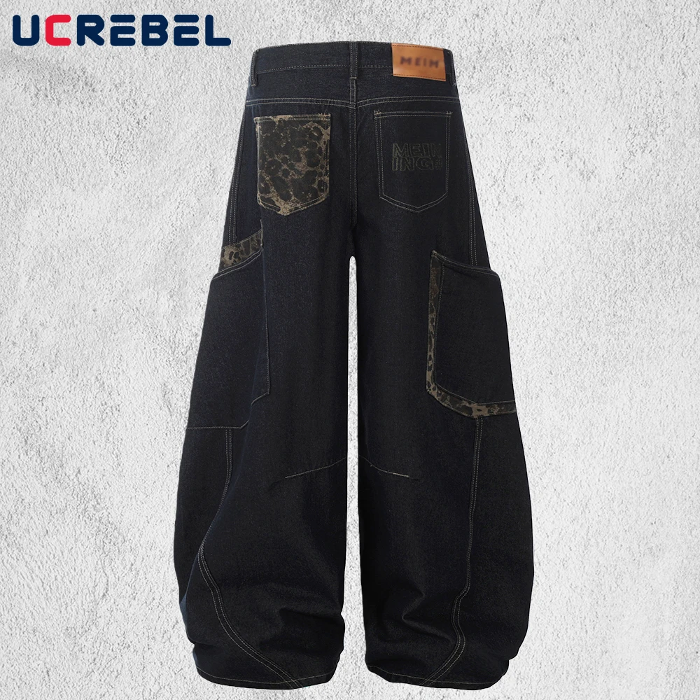 Patchwork Pocket Jeans Mens Letter Embroidery Retro High Street Washed Distressed Baggy Wide Leg Denim Pants Man