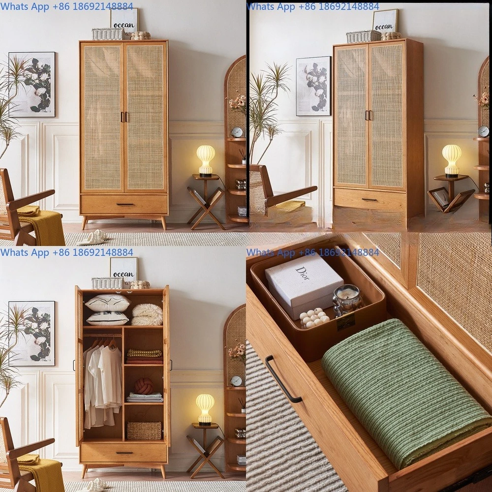 

Woven rattan solid wood wardrobe with double doors and drawer compartments for bedroom storage