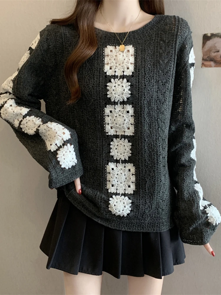 

Large Size Knitted Hollow out Long Sve T-irt Women's Faionable Versatile Loose Top Spring 2026 Casual Street Sle