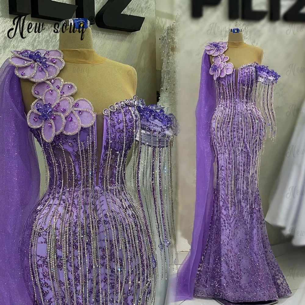 Vestido de festa lilás feminino, Borla prateada, Flores 3D, Vestidos de baile formal para casamento, Personalizado, Sereia, vestido de noite frisado, 2023, 2023