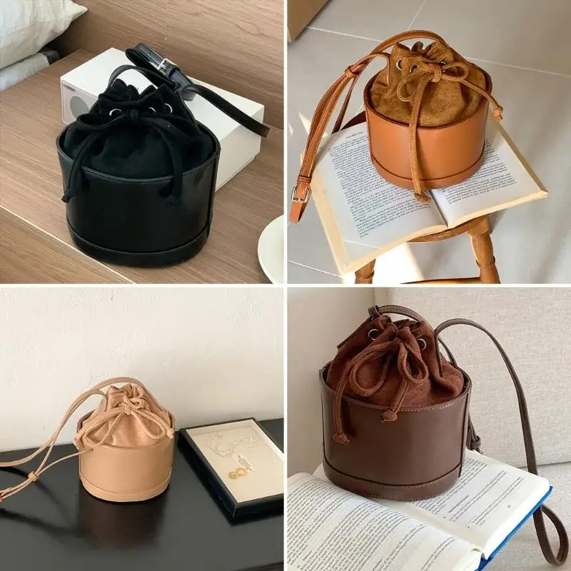 Women's Drawstring Bucket Bag Casual Shoulder Handbag with Adjustable Strap