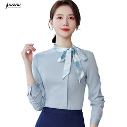 NAVIU New Style Summer Autumn Fashion Formal Ladies Shirt Women Tops Slim Elegant Office Stand Bow Blue White Blouse Work Wear