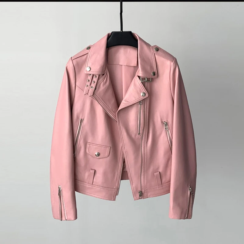 M-3XL femmes décontracté à lacets ceinture en peau de mouton vestes 2025 automne hiver blanc/rose femme courte en cuir véritable Biker veste vêtements