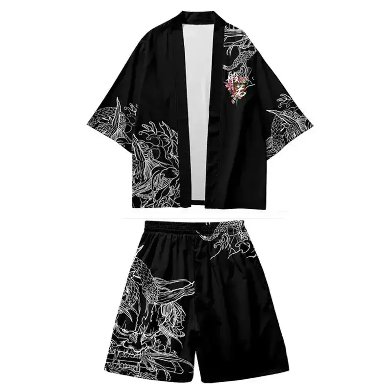 Hannya Demon Haori Shorts Set Ethnic Style Flower Series Kimono Cloak Loose Seven-Sleeve Cardigan 3D Digital Printed Shirt