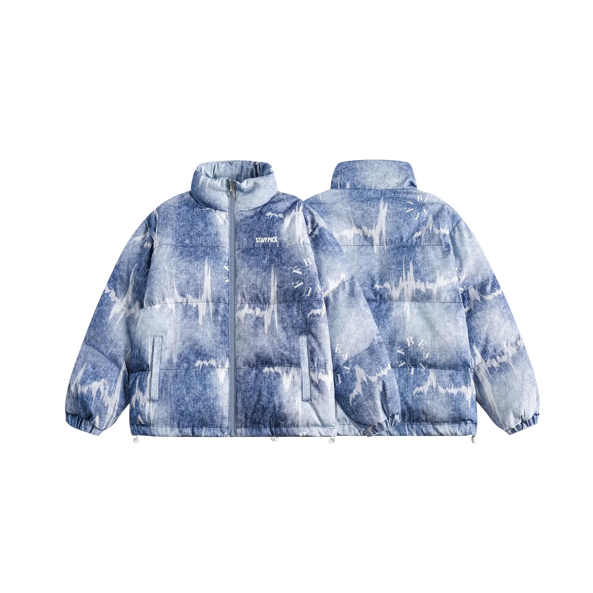 Men Tie Dyed Cotton Parka American Harajuku High Street Standing Collar Couple Bread Jacket Fashionable Casual Letter Print Coat