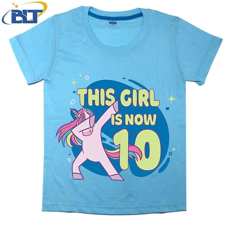 Camiseta con estampado de unicornio rosa para niños, top informal de manga corta de algodón, adecuado para niños y niñas, 10 ° cumpleaños