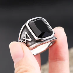 Gothic Vintage Men's Black Stone Ring with Lucifer Signet Stainless Steel Rings Fashion Punk Amulet Jewelry Wedding Dropshipping