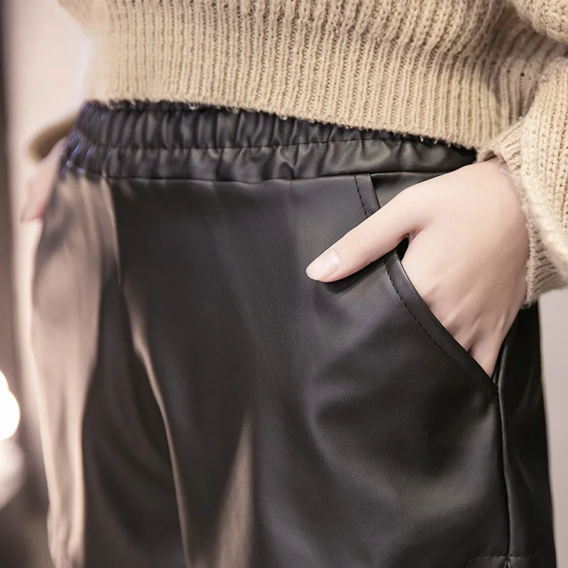 1 قطعة جديد إمرأة أربعة مواسم مثير تمتد فضفاض أسود فو الجلود السراويل الإناث السراويل غير رسمية جلدية سيدة عالية الخصر قصيرة بانت #4