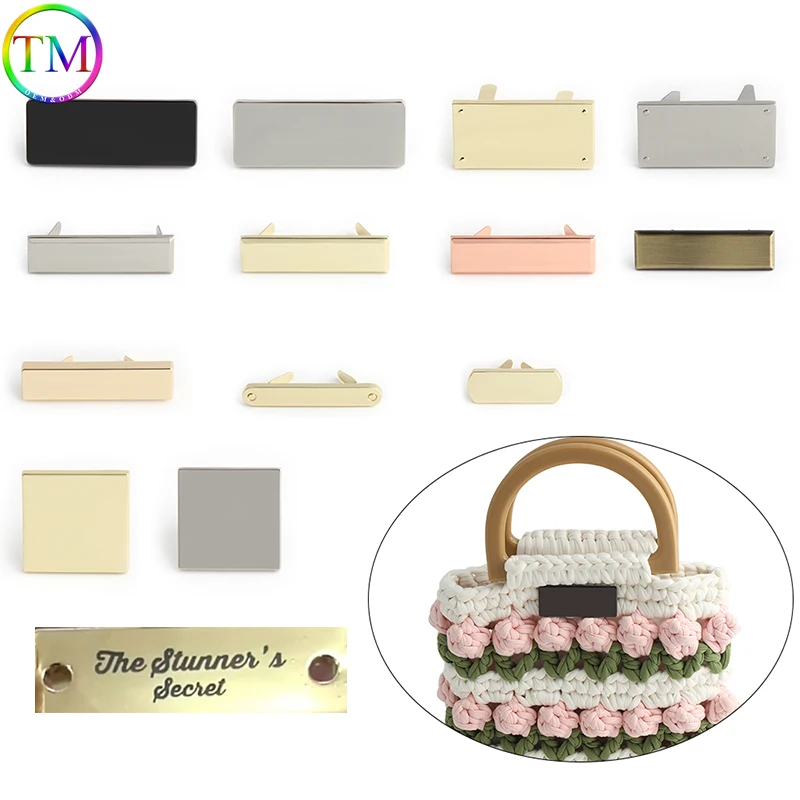 

100Pcs Metal label with Black Font Custom Logo Tag Build You Brand for Handbags Purse Leather Hat Clothe DIY Sewing Accessories