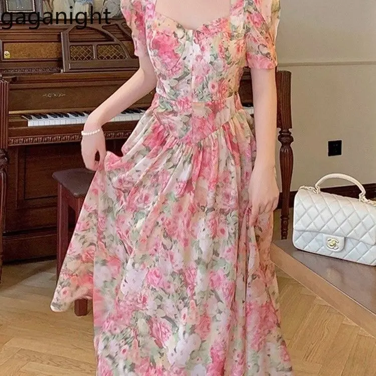 Gaganight Women Square Neck Floral Printed Forest French Style Dress 2024 Summer New Fresh Fairy Pink Puff Sleeve Dresses Female