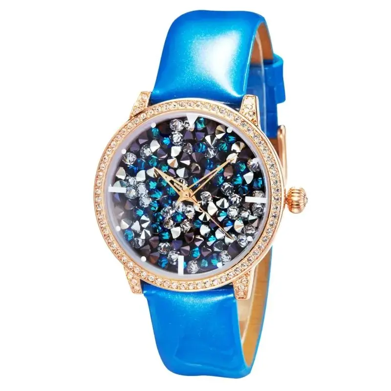 

Princess Butterfly Luxury Watch for Women Sparkling Rose Gold Crystal Dial Blue Strap Fashion Quartz Designer Ladies Watch