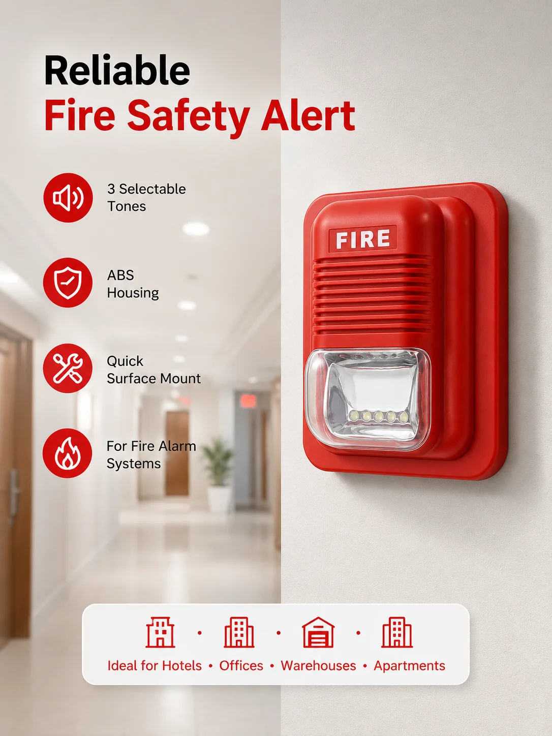 Emergency Sound Light Siren, 3 adjustable tones, 110dB loud sound and 6 LED, DC 9-24V for fire safety monitoring view 2