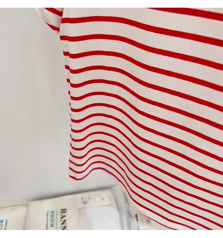 Gestreiftes Kurzarm-Damen-T-Shirt 2026 Sommer Neuheit Baumwolle Lässig Vielseitig Schlanke Passform Modische Oberteile Farbblock-Shirt – Detail 14
