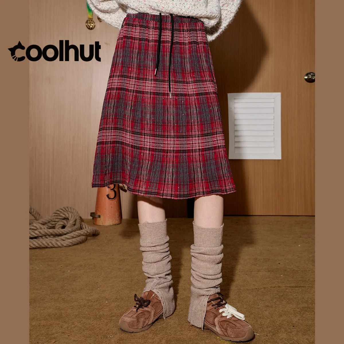 

COOLHUT Women's Elegant Skirts Spring Travel Vintage Glitter Plaid Skirt A Line High Waist Flowy Midi Skirt Lightweight Casual